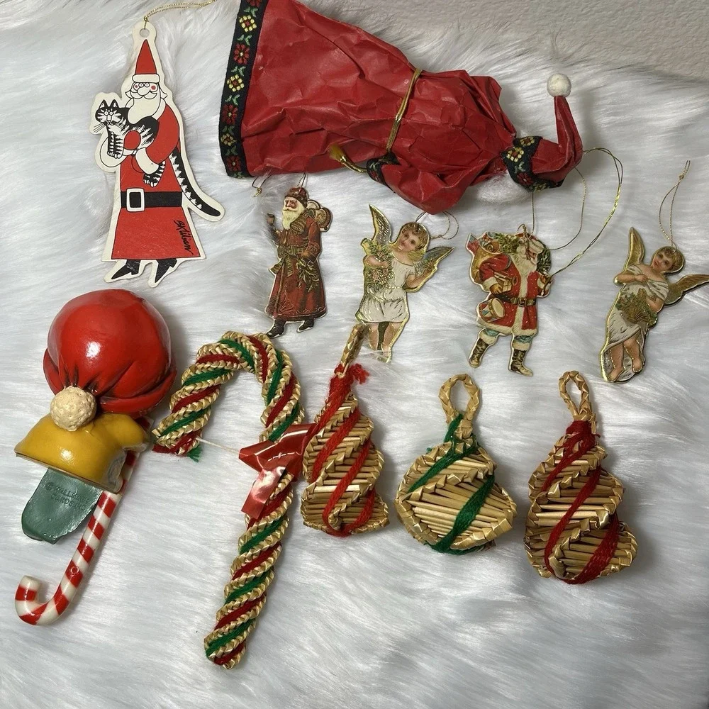 Vintage Christmas Ornaments Lot Hallmark Shelf Sitter Silvestri / Straw Folk Art
